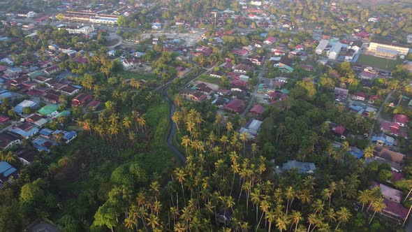 Sunrise over Malays rural village planted with coconut palm tree alt