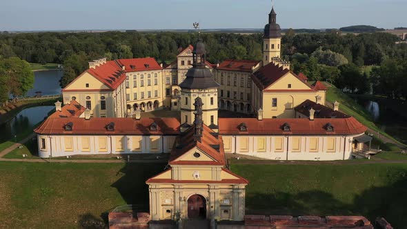 Flying Over the Nesvizh Castle, the Park Around the Castle and the Lake, Aerial Video of Nesvizh alt
