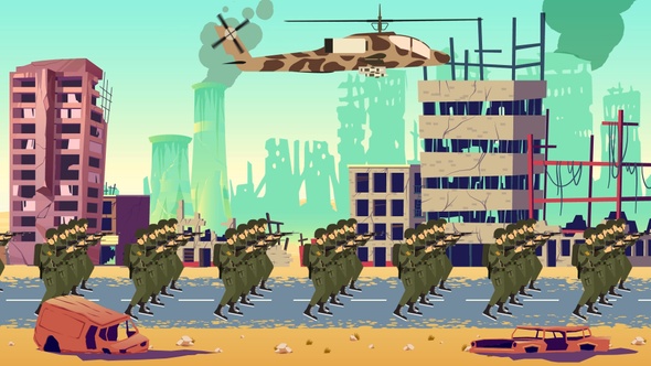 Armed Forces Entering Into City - Full Battalion Destroyed City - Cartoon Animation