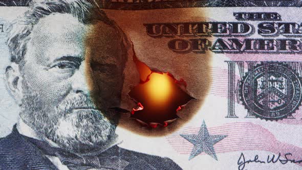 Burning American 50 Dollar Banknote on Black Background alt