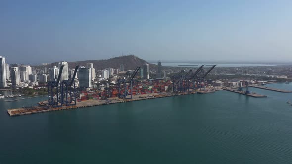 The Aerial View on Port Cranes and Cargo Terminal in Harbor of Cartagena Colombia