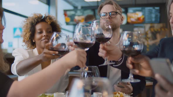 Man with Glass of Water Cheers with Diverse Friends Drinking Red Wine at Bar Restaurant alt