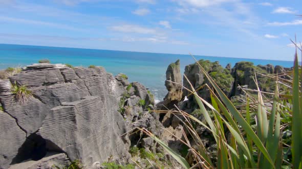 Dolly shot of the Pancake Rocks, Punakaiki, New Zealand alt