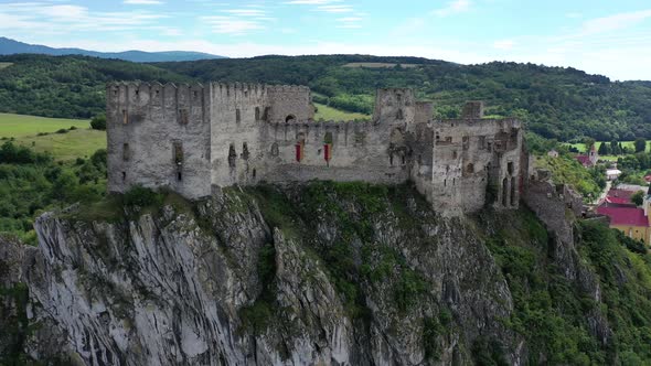 Aerial view of Beckov Castle in the village of Beckov in Slovakia alt