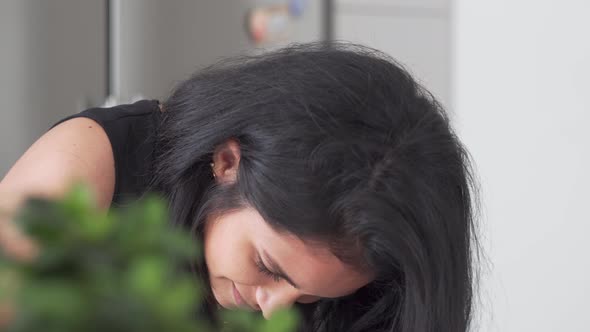 Beautiful black haired Latina female working in home office alt