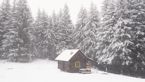 Snow Falling on Dark Mountain Forest and Wooden House