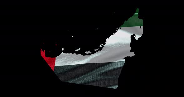 UAE national flag background with country shape outline. Alpha channel animation alt