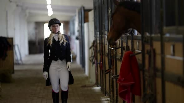 Sexy Blonde is Wearing Jockey Outfit is Walking in Stable Stroking Her Horse alt