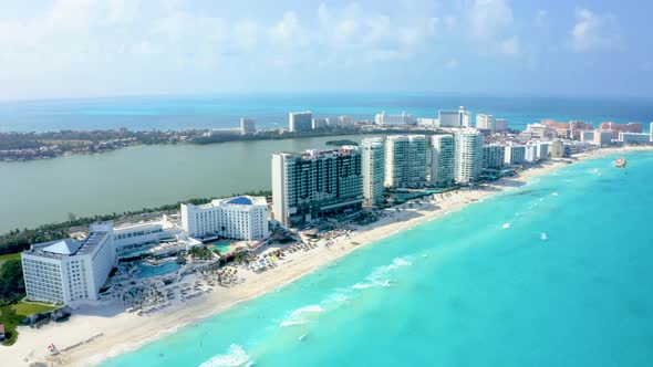 Aerial View of Cancun Mexico Showing Luxury Resorts and Blue Turquoise Beach alt