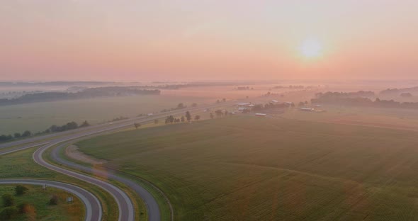 Aerial View with Sunrise in Early Morning Rural Landscape Nature Field alt