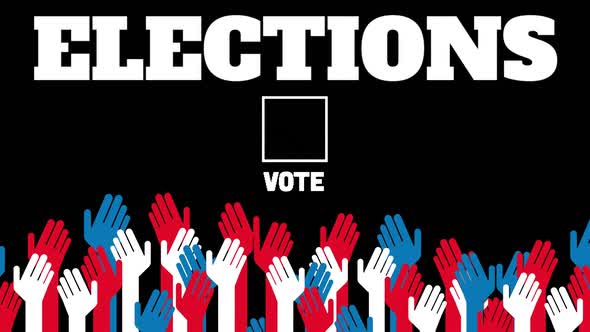 Animation of word Elections with white square and word vote with red, white and blue hands rising alt