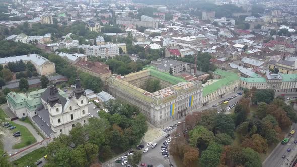 Church of St. Michael Barefoot Carmelite Church in Lviv View From Above in Slow Motion. The alt