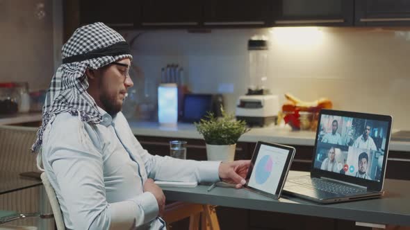 Arab Man with Kandora Having Online Meeting with Colleagues on Computer While Using Tablet with