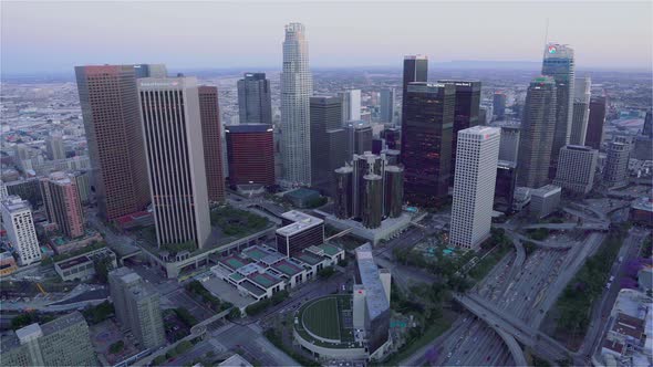 The financial district of Los Angeles as seen from a helicopter after the sunset