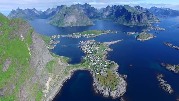 Scenic aerial view of town Reine on Lofoten islands in Norway