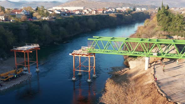 Bridge construction: metal scaffolding falsework used as prop or temporary support alt