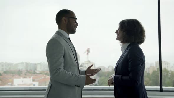 Smiling Colleagues Standing Near Window and Talking. alt