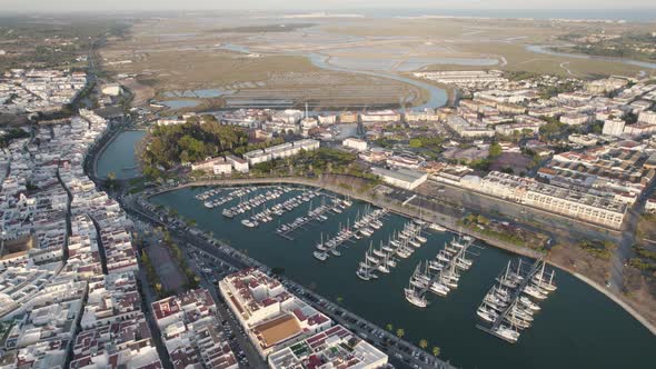 Aerial Ayamonte village descend to Sailing boats on Beautiful Marina - Huelva alt