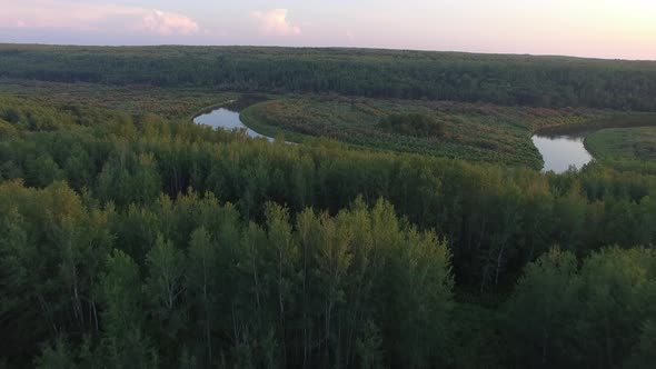 A drone flies low over a pristine forest and calm, winding river valley at sunset. alt