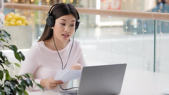 Asian Angry Woman with Papers Video Call Girl Wear Head Microphone Headset Dispute Quarrel alt