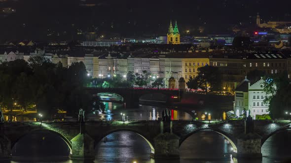 Scenic View of Bridges on the Vltava River Night Timelapse and of the Historical Center of Prague alt