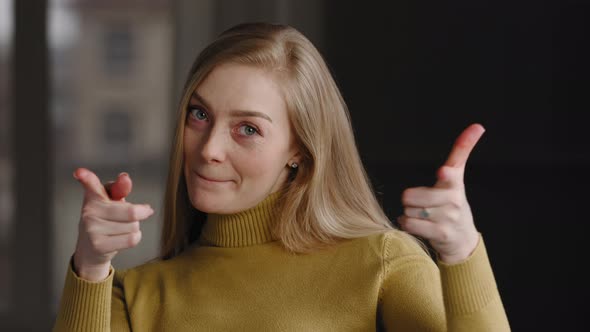 Portrait of Beautiful Adult Blonde Girl Woman Older 30s Middle Age Model Teacher Freelancer Stands alt