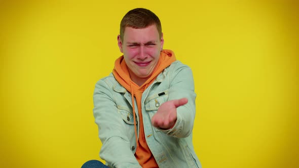 Upset Man Cries Raising Hands in Indignant Expression Asking Why What Reason of Failure Irritation alt