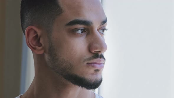 Portrait of Arabic Young Adult Ethnic Man Brunette Spaniard Guy Male Head Face Looking Out Window alt