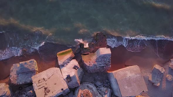 Aerial birdseye view of abandoned seaside fortification buildings at Karosta Northern Forts on the b alt