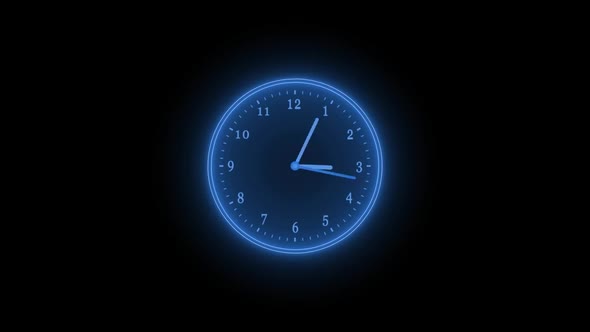 Blue Neon Clock Isolated Animated On Black Background, Motion Graphics