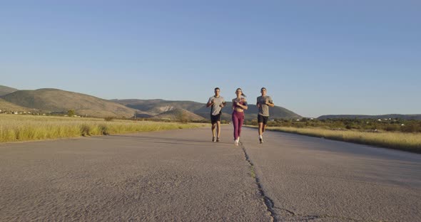 Multiethnic Group of Athletes Running Together on a Panoramic Countryside Road alt
