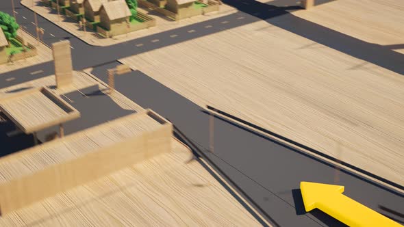 Yellow arrow showing the trip path on a simplistic GPS map. Mockup city model.4K alt
