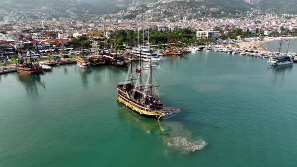Yachts in the port aerial view 4 K Alanya Turkey alt