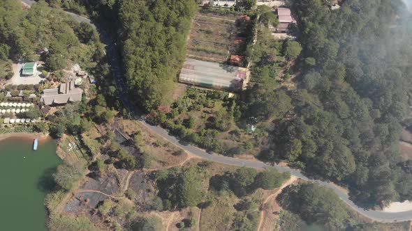 Unique aerial view of awesome Tuyen Lam Lake Da Lat plateau Vietnam forest hill highlands farmland c alt