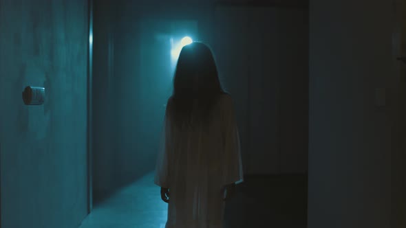 Ghost Girl In White Nightgown With Loose Hair In A Scary House, Stock ...