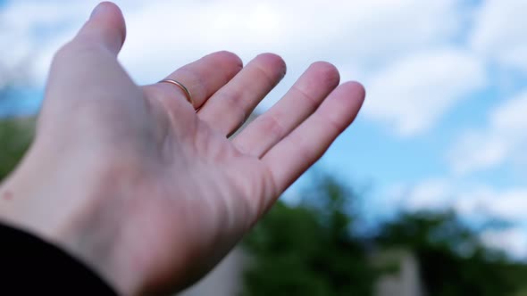 Female Hand Reaches Into the Sky Against the Background of Clouds Green Trees alt