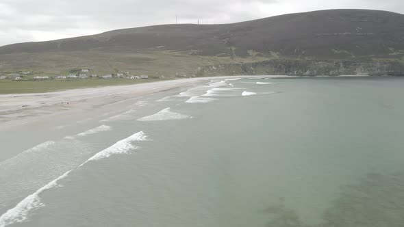 Waves And Sand Dunes On The Calm Beach Of Keel At The Achill Island In County Mayo, Ireland. Aerial alt