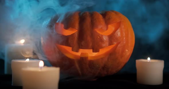 Halloween Pumpkin On Dark Smoky Background