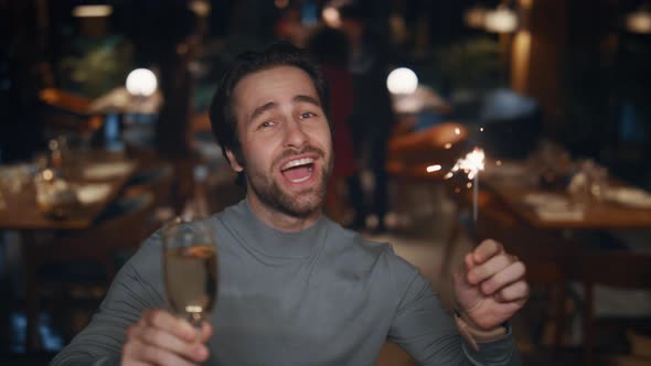 Party Man Singing Celebrating New Year on Restaurant Friends Group Meeting alt
