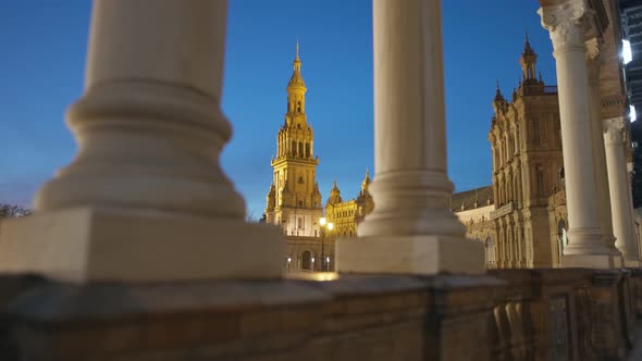 Camera Moves Through Columns in Plaza De Espana  Spanish Square  Sevilla Spain alt