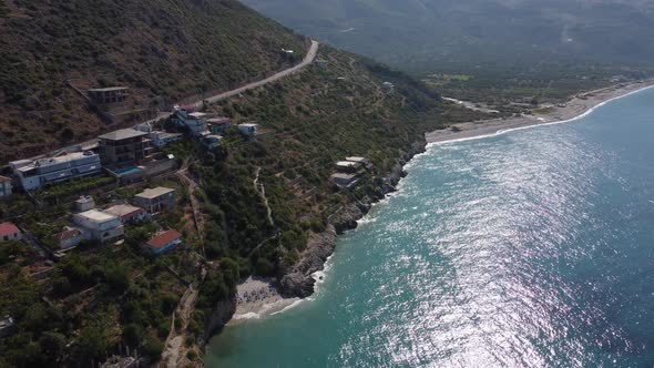 Idyllic Tropical Coastline Aerial View Paradise Beach in Albania Vacations Holiday Concept