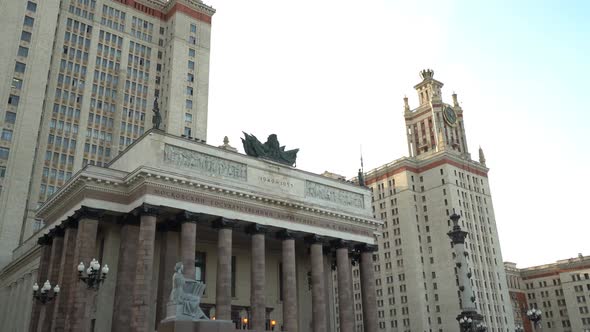 The Main Entrance To Moscow State University in Autumn. Dolly Camera Shot alt