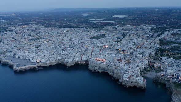 View to historic old town in evening, Polognano a Mare, Puglia, Italy alt