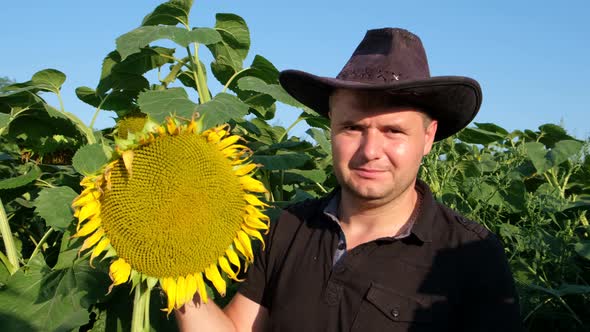 A Caucasian Farmer Inspects a Sunflower Crop and Raises His Thumb Up alt