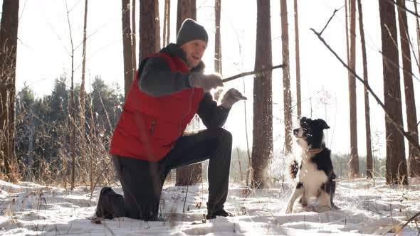 Man Playing with Dog in Winter Woods alt