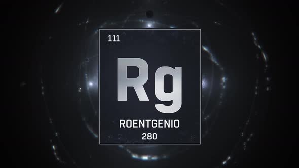 Roentgenium as Element 111 of the Periodic Table on Silver Background in Spanish Language