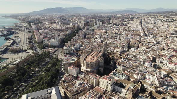 Malaga cityscape with amazing seaside view, Spain. Aerial establishing shot
