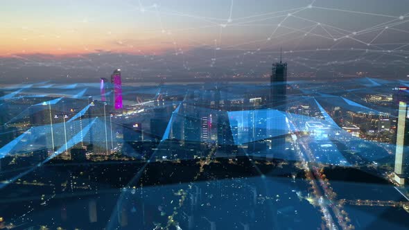 smart Connected city skyline. Futuristic network concept, city Technology. alt