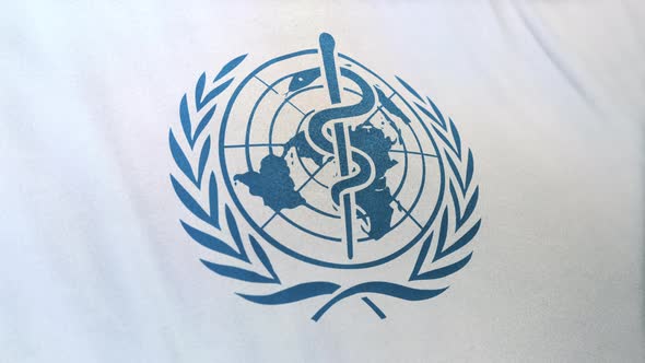 Waving Flag Of Blue World Health Organization Logo On White Background