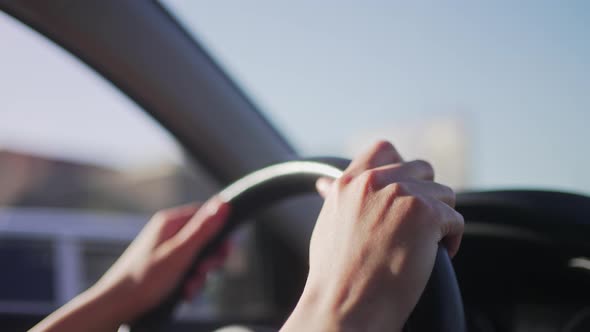 Hands of the Female Driver on the Steering Wheel of the Car